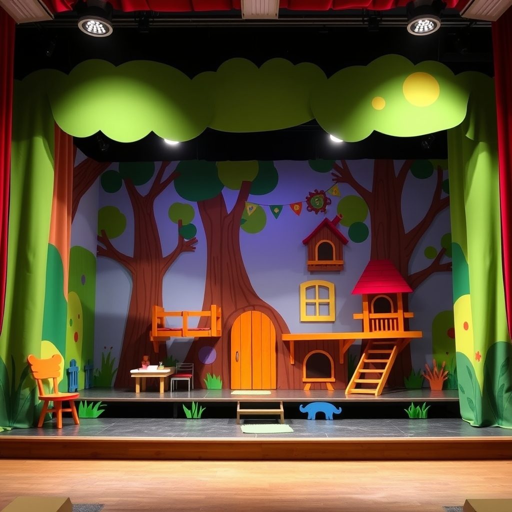 Colourful children's theatre set with treehouse-themed staging
